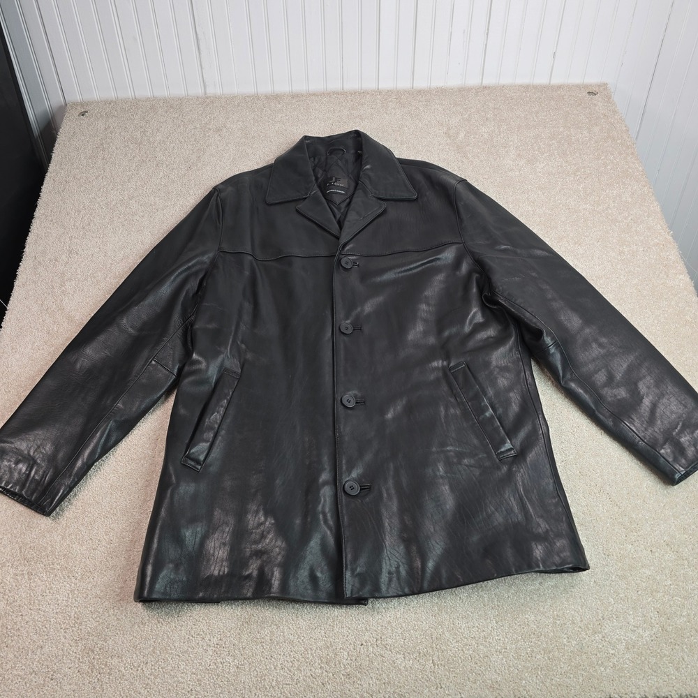 J Ferrar Men Black Genuine Lambskin Leather Car Coat Jacket Large Quilted Lining